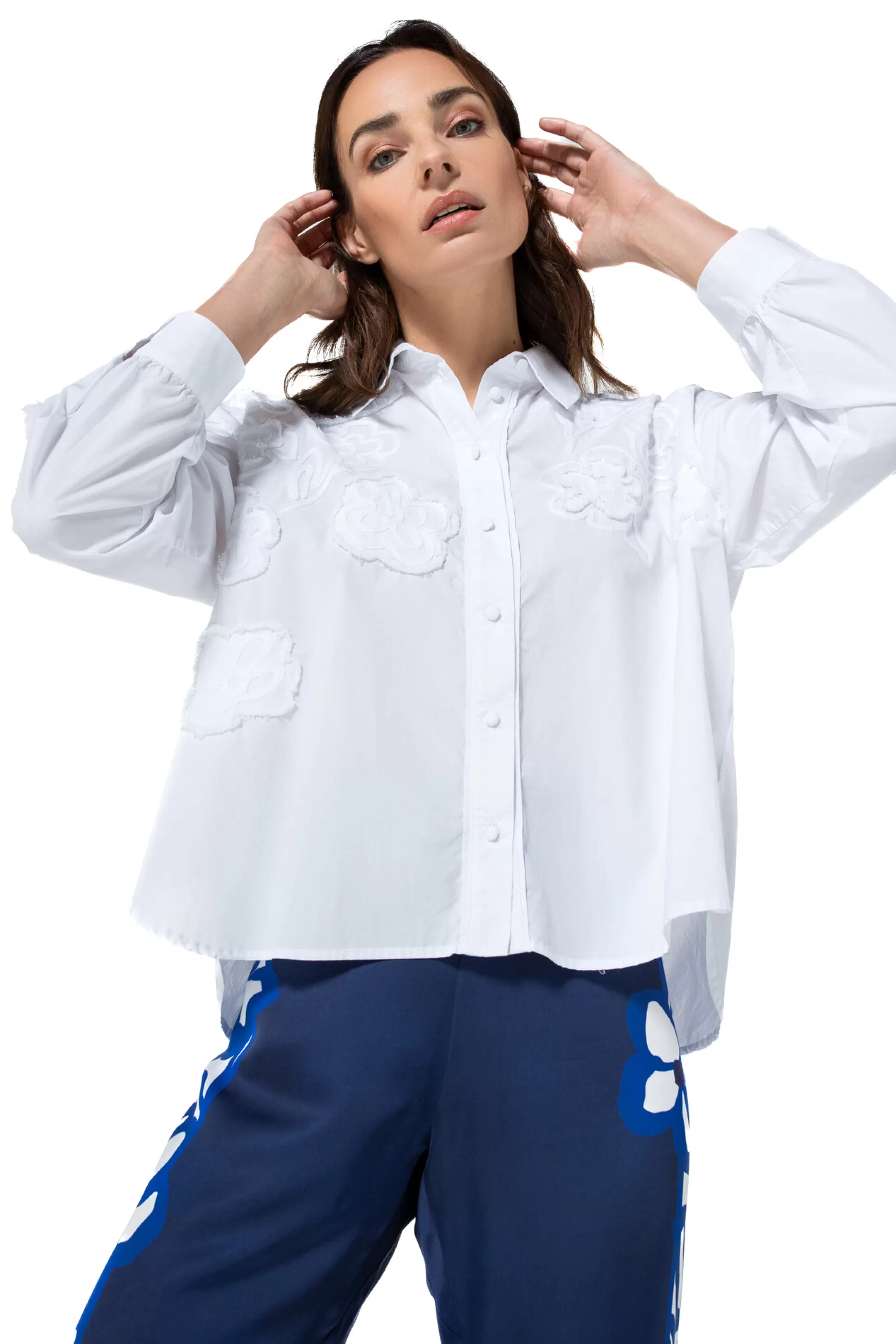 Best Sale 1608-90 / Korte Oversized Katoenen Bloes Met Broderie Vrouwen Tops